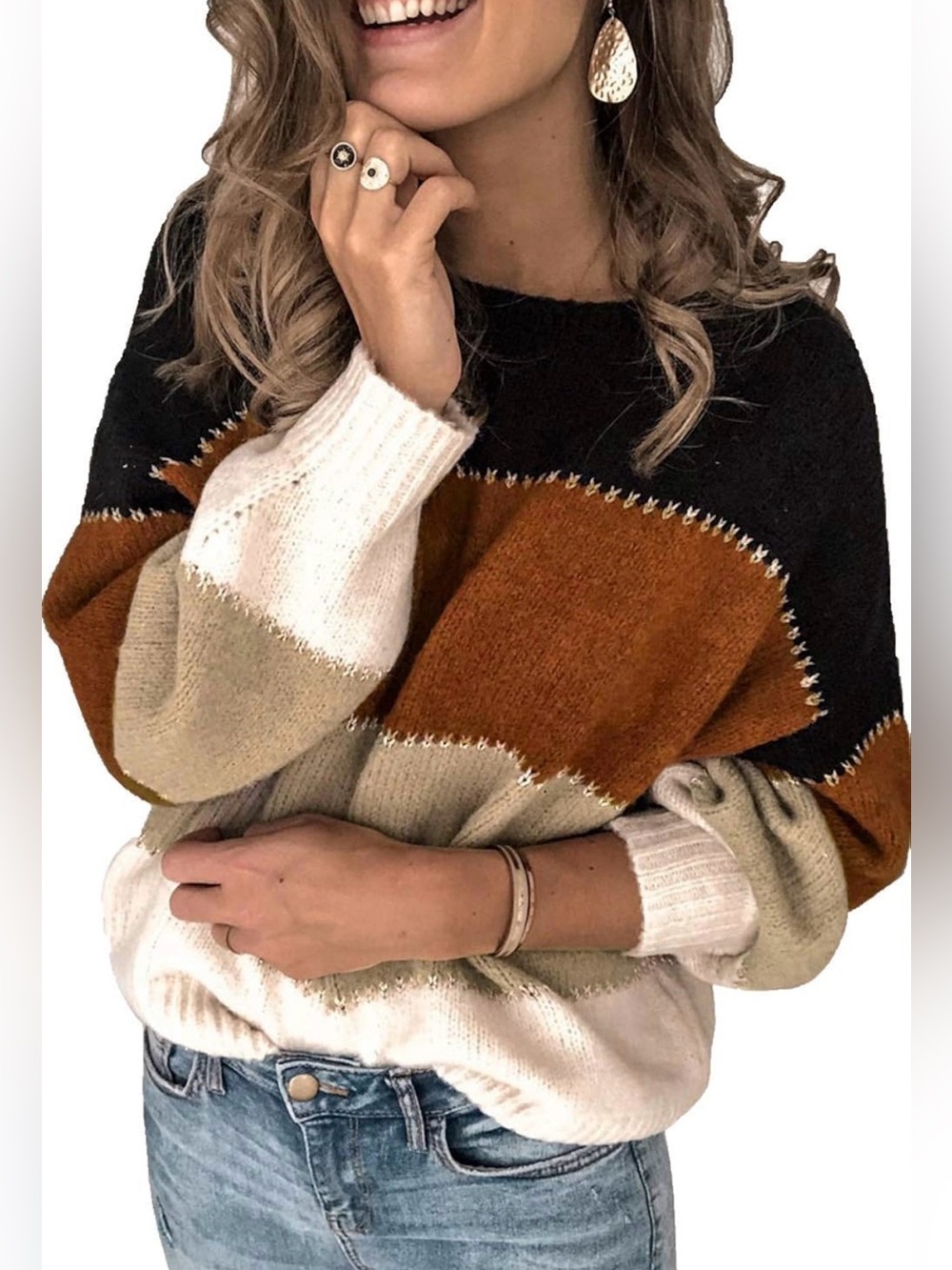 Angashion Color Block Knit Sweater Women’s XL Black Camel Cream Chunky Pullover